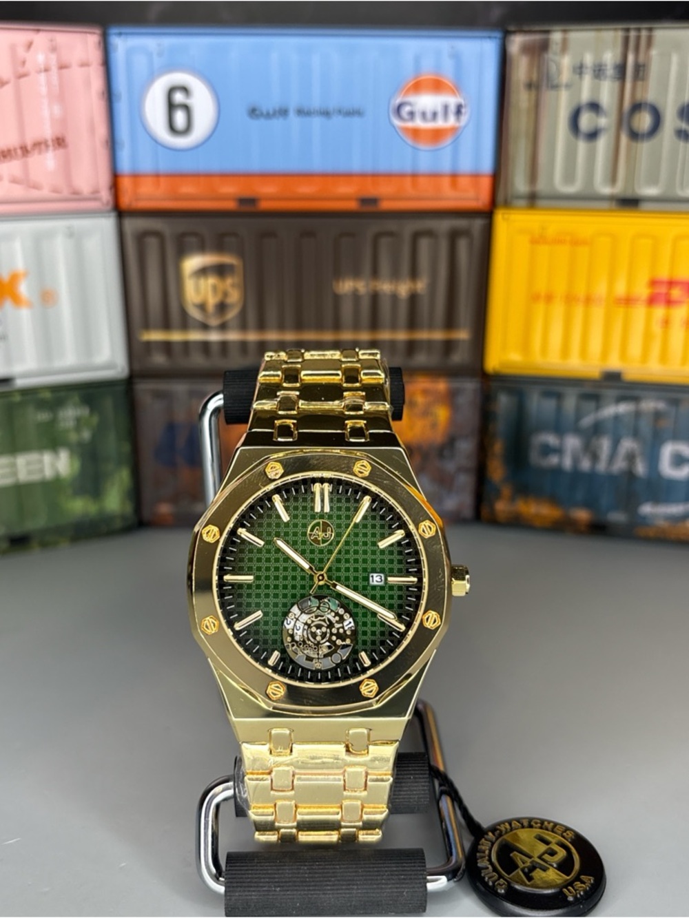 AJ USA Gold and Green Men's Watch with Open Heart Dial 43mm